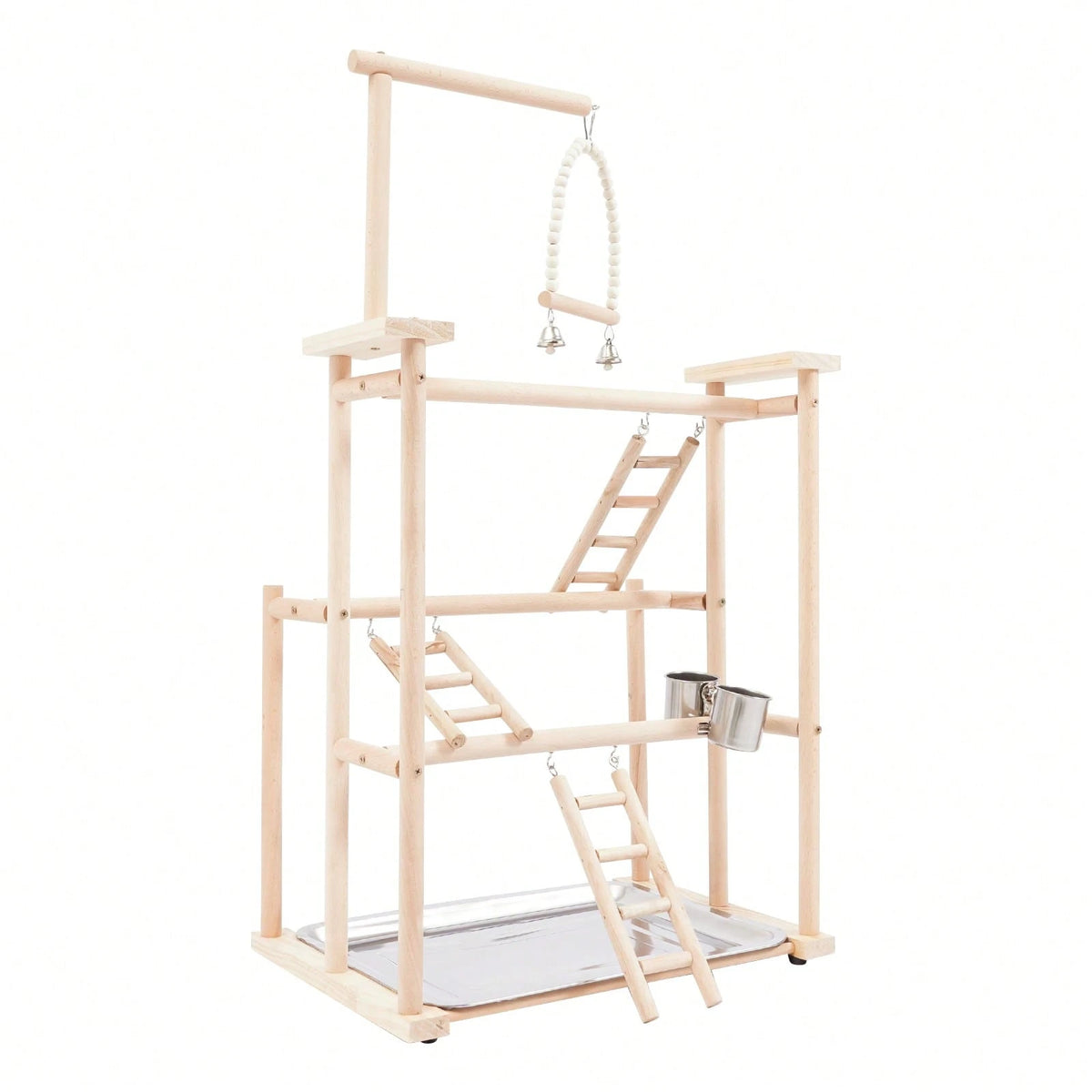 SENDERPICK 3 Layer Parrot Stand, Wood Bird Perch Freestanding Birds Play Gym Play Stand With Swing, Ladders, Feeding Cups & Removable Tray, Bird Playground For Cockatiels & Small Birds