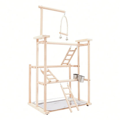 SENDERPICK 3 Layer Parrot Stand, Wood Bird Perch Freestanding Birds Play Gym Play Stand With Swing, Ladders, Feeding Cups & Removable Tray, Bird Playground For Cockatiels & Small Birds