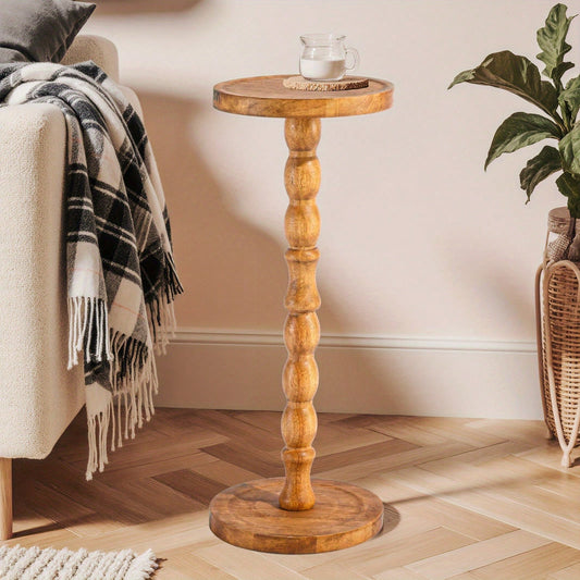 Senmeo Small Side Table, Solid Wood Coffee Table With Carved Turned Legs, Compact Round Tray Top, For Living Room, Bedroom & Plant Display, Modern Accent Table