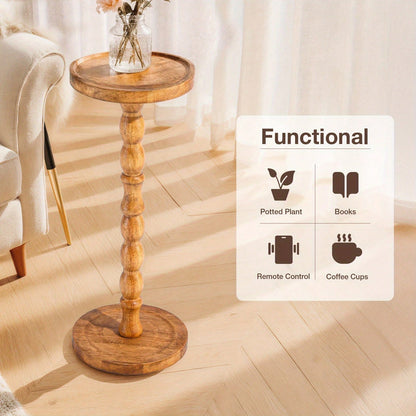 Senmeo Small Side Table, Solid Wood Coffee Table With Carved Turned Legs, Compact Round Tray Top, For Living Room, Bedroom & Plant Display, Modern Accent Table