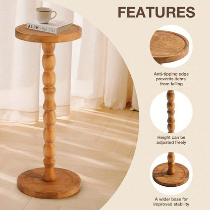 Senmeo Small Side Table, Solid Wood Coffee Table With Carved Turned Legs, Compact Round Tray Top, For Living Room, Bedroom & Plant Display, Modern Accent Table