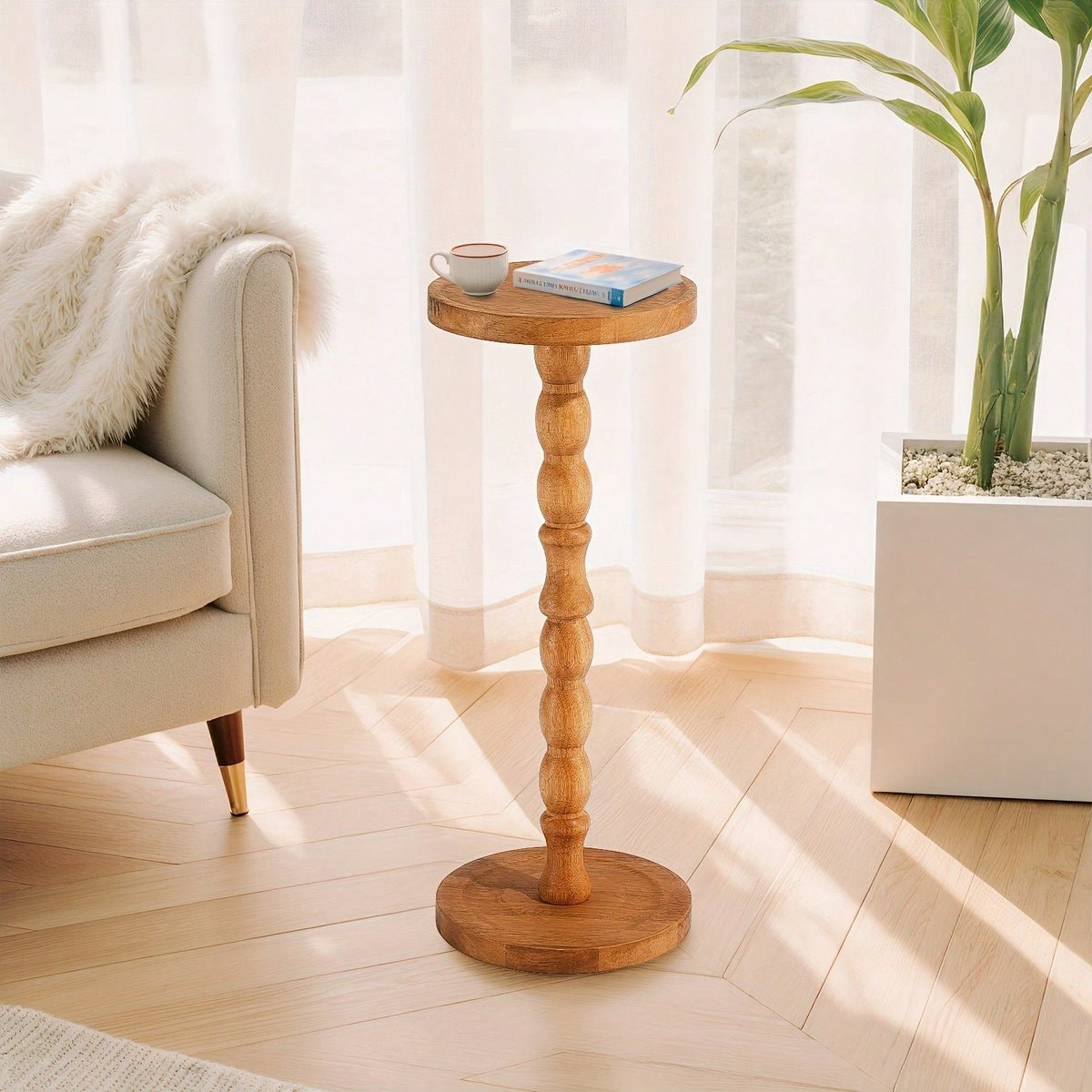 Senmeo Small Side Table, Solid Wood Coffee Table With Carved Turned Legs, Compact Round Tray Top, For Living Room, Bedroom & Plant Display, Modern Accent Table