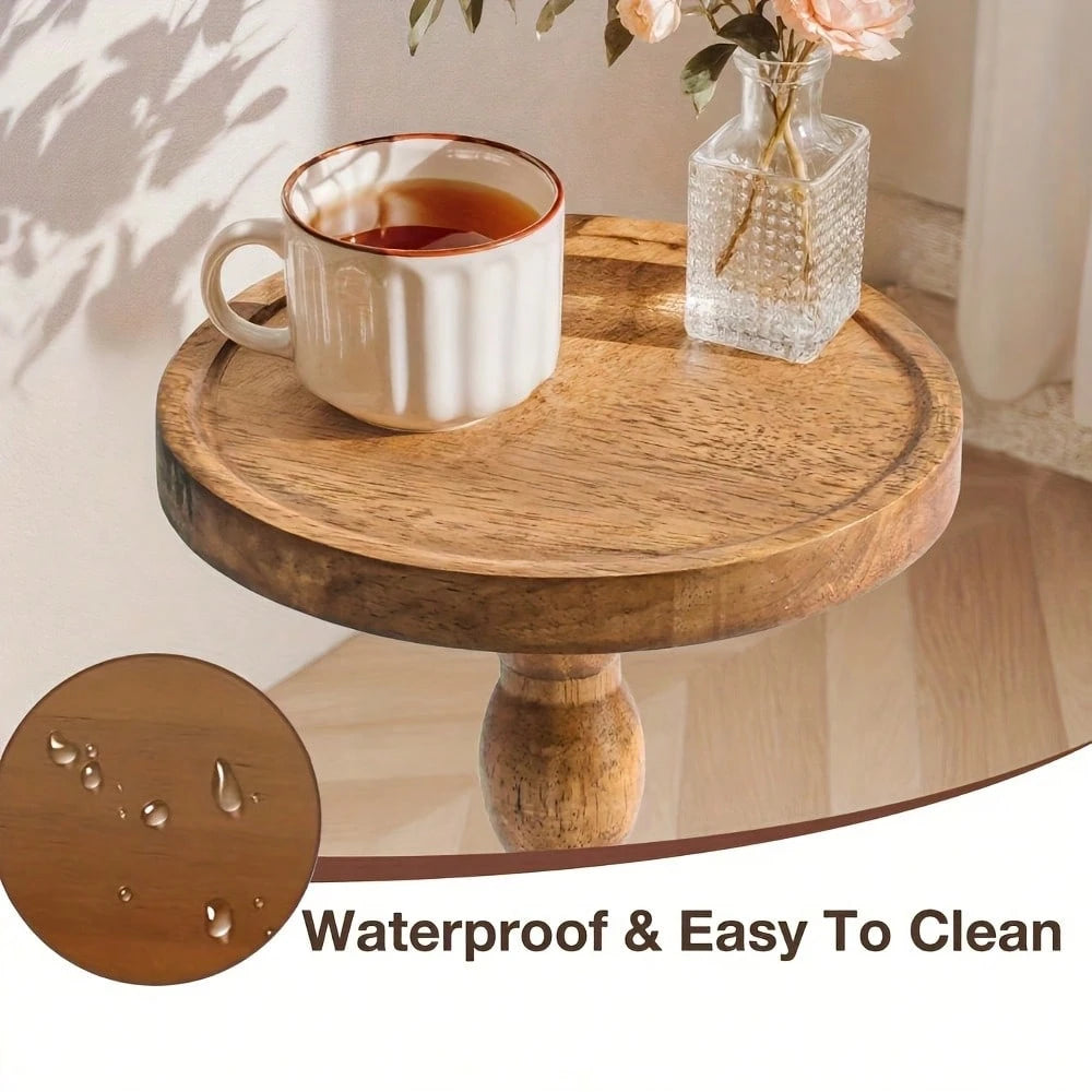 Senmeo Small Side Table, Solid Wood Coffee Table With Carved Turned Legs, Compact Round Tray Top, For Living Room, Bedroom & Plant Display, Modern Accent Table