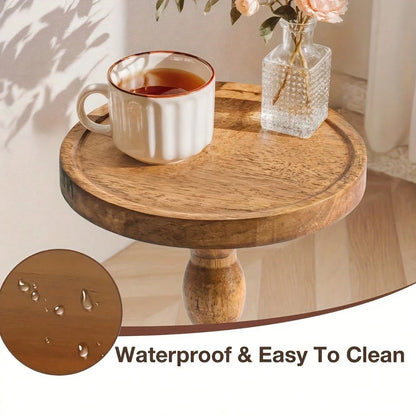 Senmeo Small Side Table, Solid Wood Coffee Table With Carved Turned Legs, Compact Round Tray Top, For Living Room, Bedroom & Plant Display, Modern Accent Table