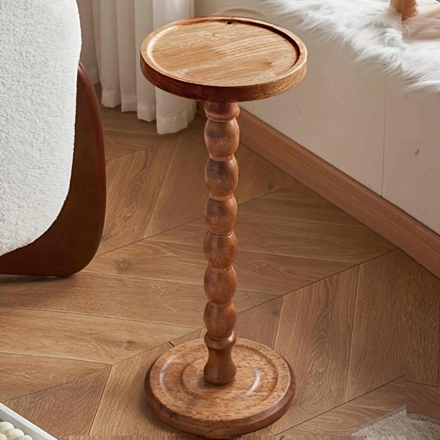 Senmeo Small Side Table, Solid Wood Coffee Table With Carved Turned Legs, Compact Round Tray Top, For Living Room, Bedroom & Plant Display, Modern Accent Table