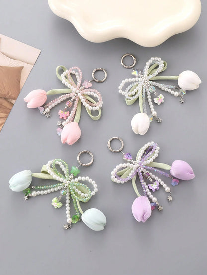 Series Tulips Faux Pearls Bows Bags Pendants Fresh And Simple Flowers Mobile Phone Accessories For Women