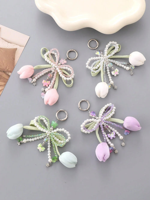 Series Tulips Faux Pearls Bows Bags Pendants Fresh And Simple Flowers Mobile Phone Accessories For Women
