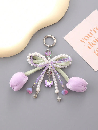 Series Tulips Faux Pearls Bows Bags Pendants Fresh And Simple Flowers Mobile Phone Accessories For Women