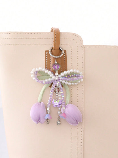 Series Tulips Faux Pearls Bows Bags Pendants Fresh And Simple Flowers Mobile Phone Accessories For Women
