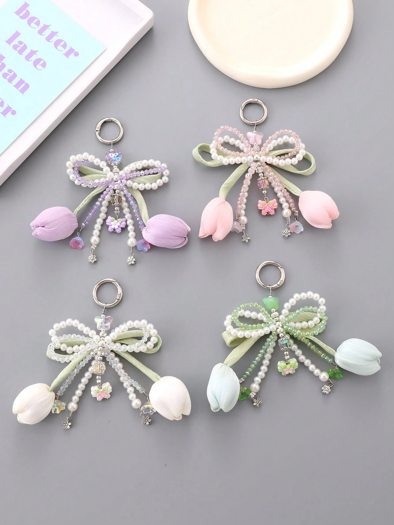 Series Tulips Faux Pearls Bows Bags Pendants Fresh And Simple Flowers Mobile Phone Accessories For Women