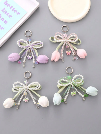 Series Tulips Faux Pearls Bows Bags Pendants Fresh And Simple Flowers Mobile Phone Accessories For Women