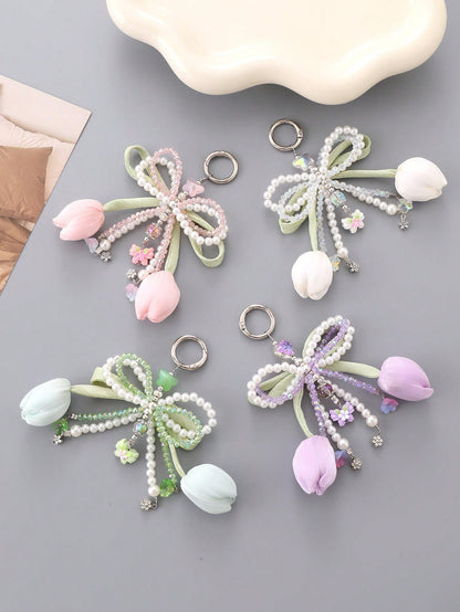 Series Tulips Faux Pearls Bows Bags Pendants Fresh And Simple Flowers Mobile Phone Accessories For Women