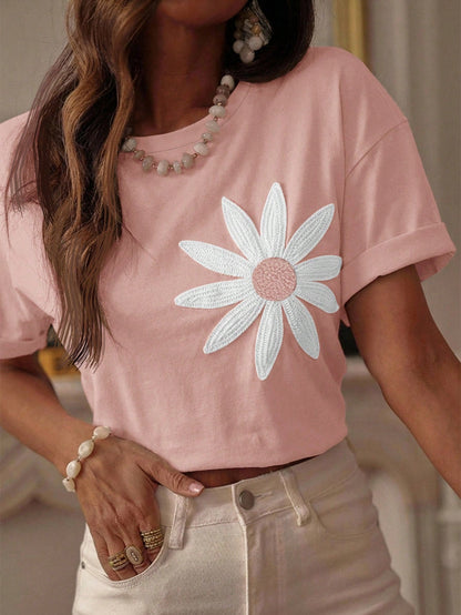 Serisse Women's Casual Floral Embroidery Loose Fit Drop Shoulder T-Shirt, Suitable For Summer Holiday And Daily Commute,Pink Top