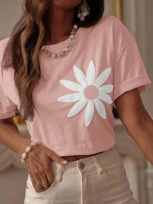 Serisse Women's Casual Floral Embroidery Loose Fit Drop Shoulder T-Shirt, Suitable For Summer Holiday And Daily Commute,Pink Top