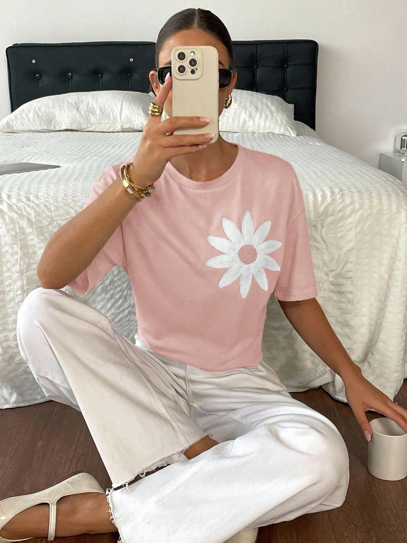 Serisse Women's Casual Floral Embroidery Loose Fit Drop Shoulder T-Shirt, Suitable For Summer Holiday And Daily Commute,Pink Top