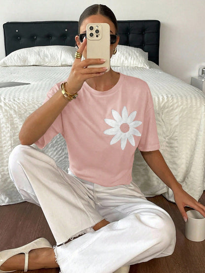 Serisse Women's Casual Floral Embroidery Loose Fit Drop Shoulder T-Shirt, Suitable For Summer Holiday And Daily Commute,Pink Top