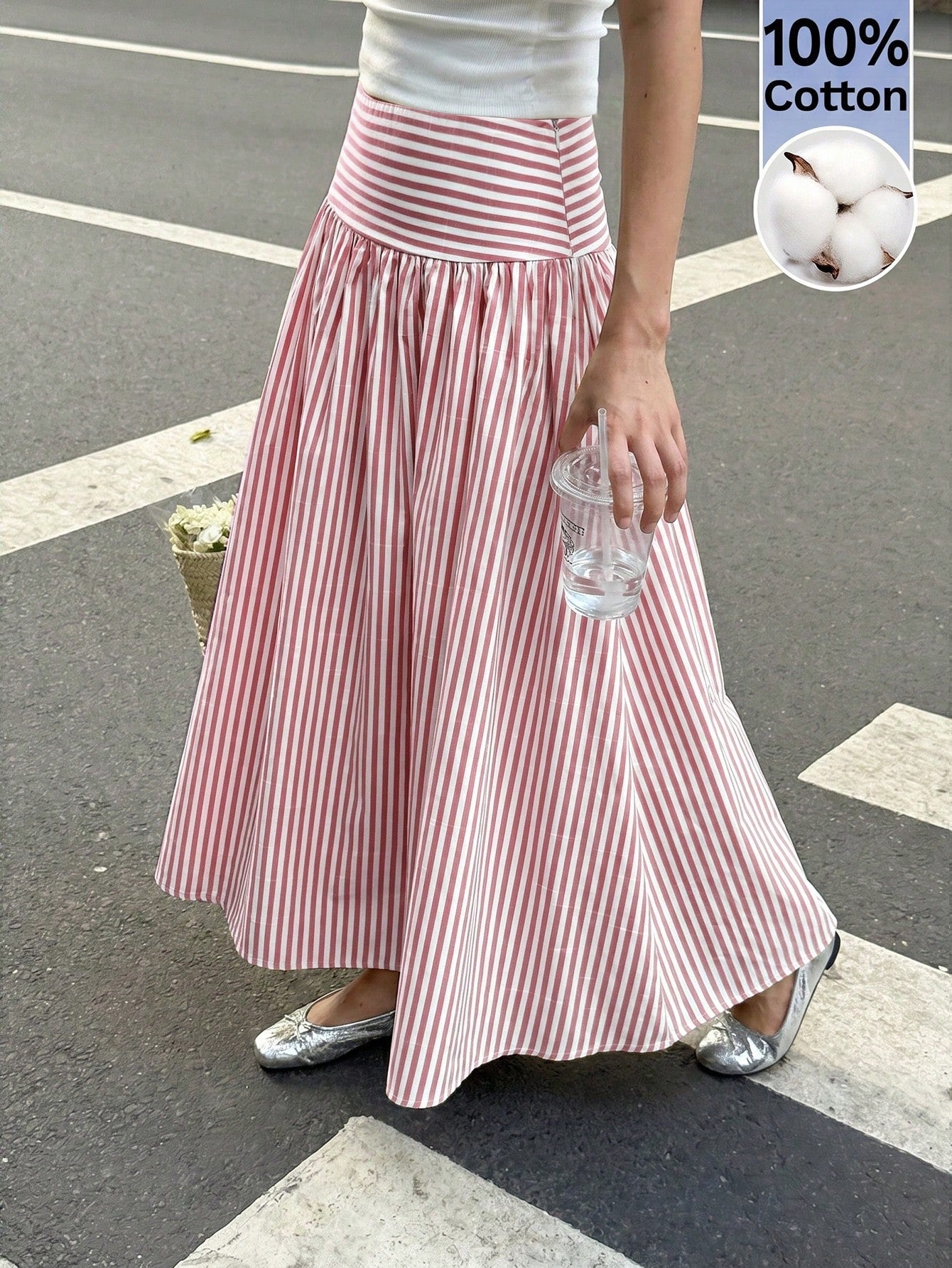 Serisse Women's Pink And White Striped Colorblock Pleated Casual Cute Versatile Daily Wear Skirt Picnic Summer