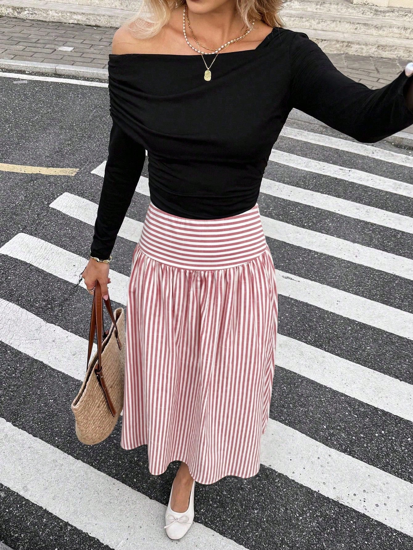 Serisse Women's Pink And White Striped Colorblock Pleated Casual Cute Versatile Daily Wear Skirt Picnic Summer