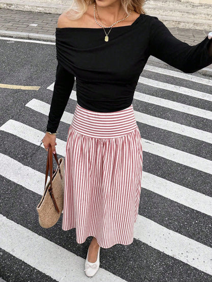 Serisse Women's Pink And White Striped Colorblock Pleated Casual Cute Versatile Daily Wear Skirt Picnic Summer