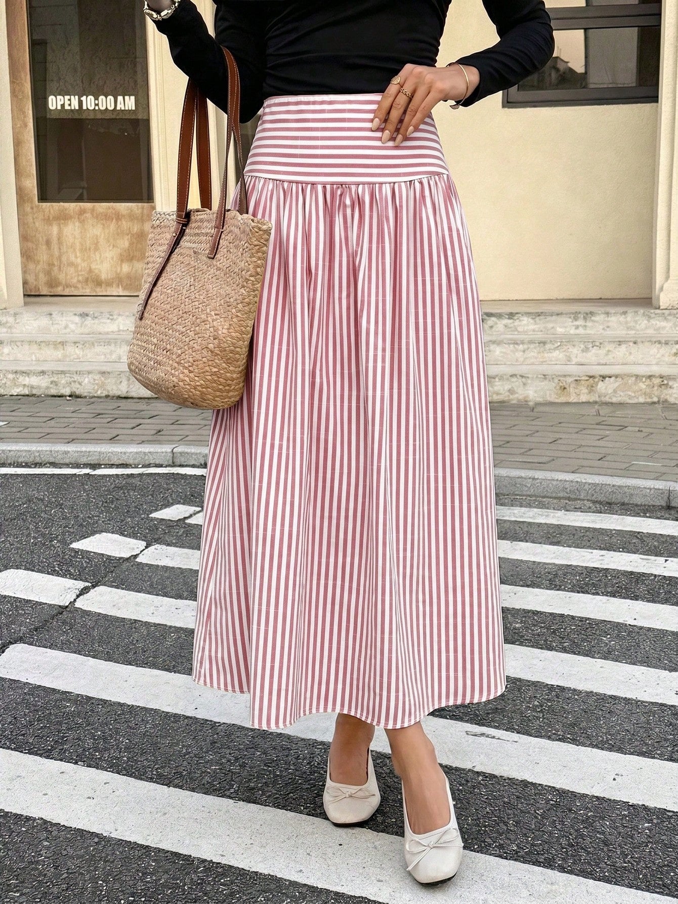 Serisse Women's Pink And White Striped Colorblock Pleated Casual Cute Versatile Daily Wear Skirt Picnic Summer