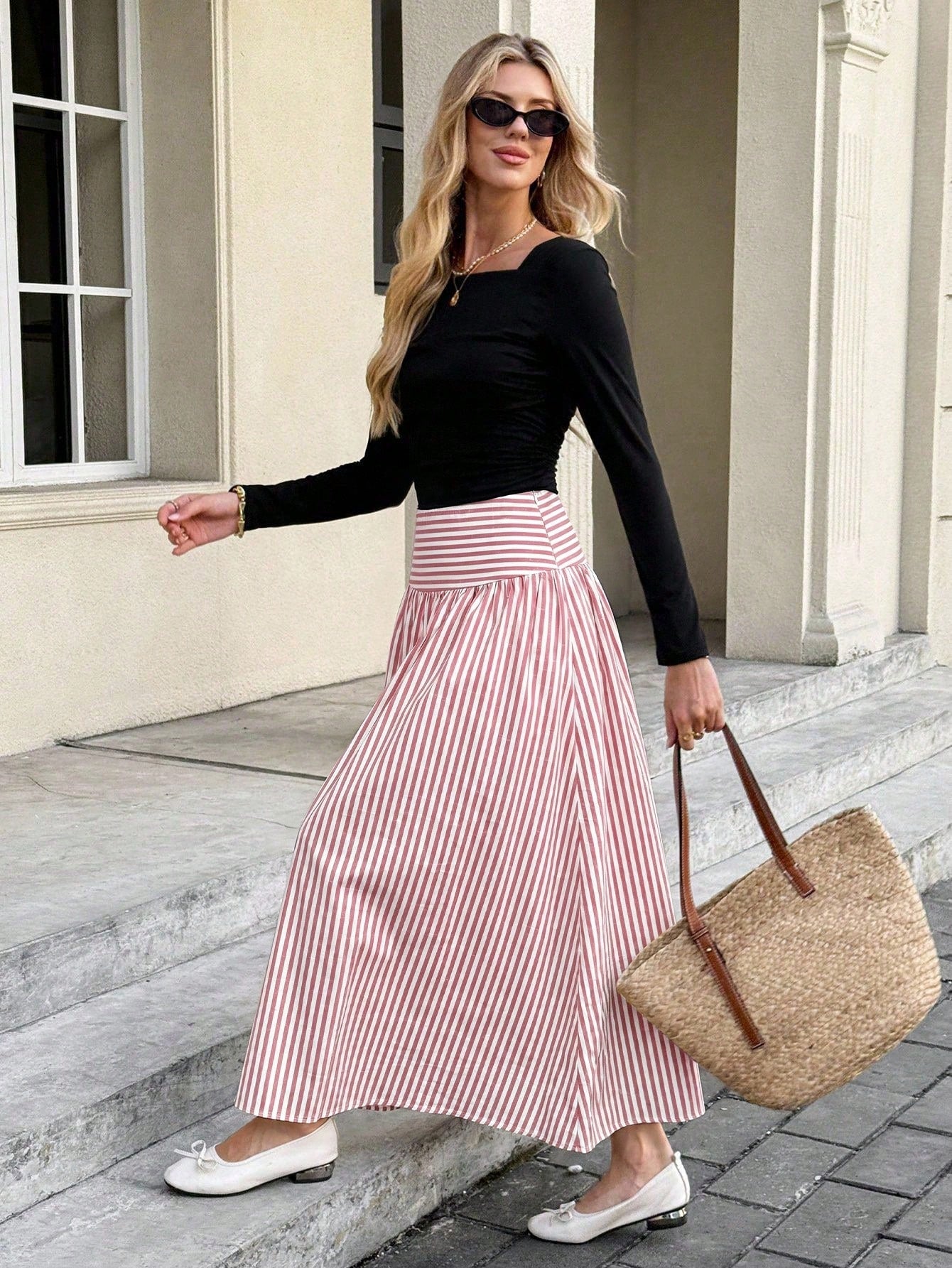 Serisse Women's Pink And White Striped Colorblock Pleated Casual Cute Versatile Daily Wear Skirt Picnic Summer