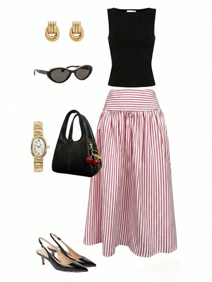 Serisse Women's Pink And White Striped Colorblock Pleated Casual Cute Versatile Daily Wear Skirt Picnic Summer
