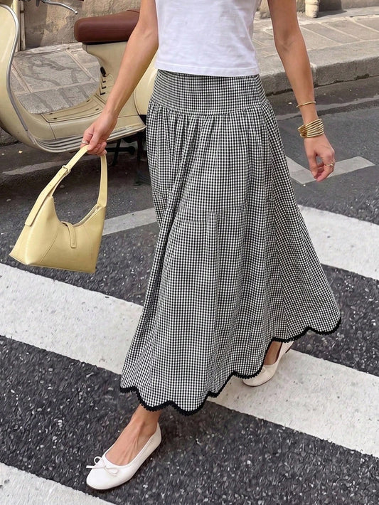 Serisse Women's Plaid Elegant Vacation Embroidered Hem Skirt