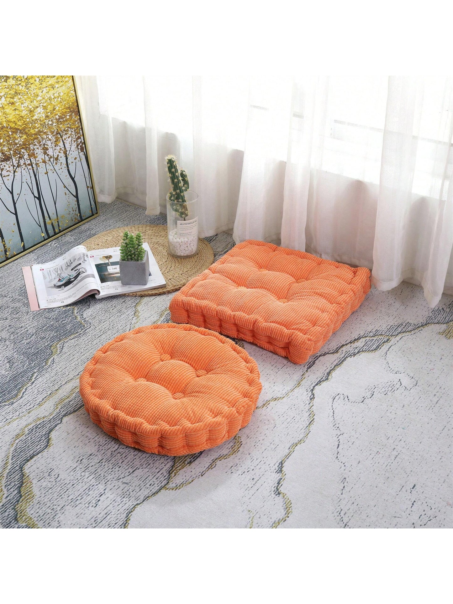 Set Of 2(1pc Round+1pc Square)-Floor Pillow & Cushion, Large Meditation Chair CushionsThick Square/Round Seat Pad, Soft Velvet Tufted Seating Pouf For Indoor/Outdoor Yoga Bench Rocking Chair Room Tata