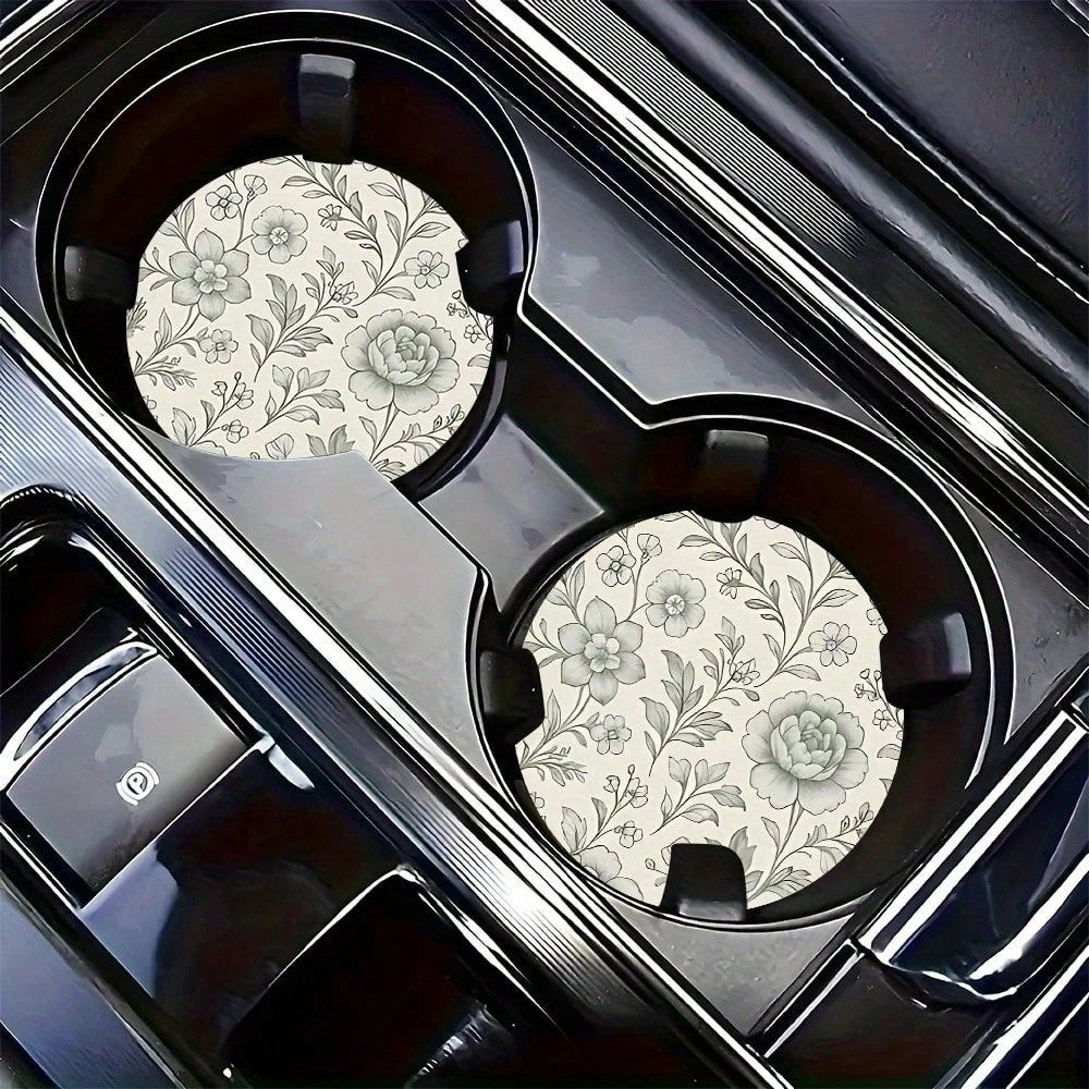 Set Of 2 Vintage Floral Design Coasters For Car Cup Holders, Universal Rubber Absorbent Mats For Vehicle Interiors, Non-Slip Drink Pads