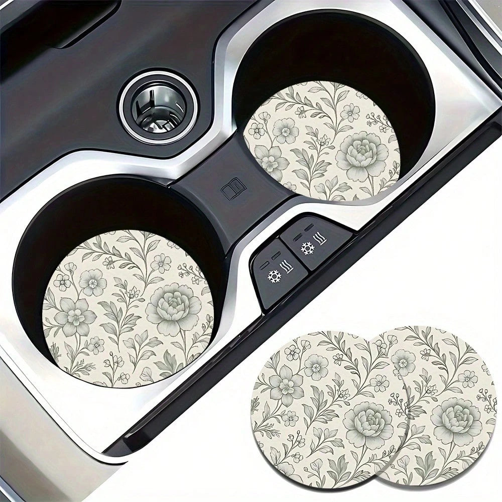 Set Of 2 Vintage Floral Design Coasters For Car Cup Holders, Universal Rubber Absorbent Mats For Vehicle Interiors, Non-Slip Drink Pads