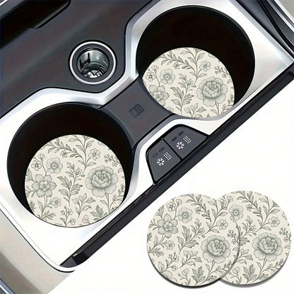 Set Of 2 Vintage Floral Design Coasters For Car Cup Holders, Universal Rubber Absorbent Mats For Vehicle Interiors, Non-Slip Drink Pads