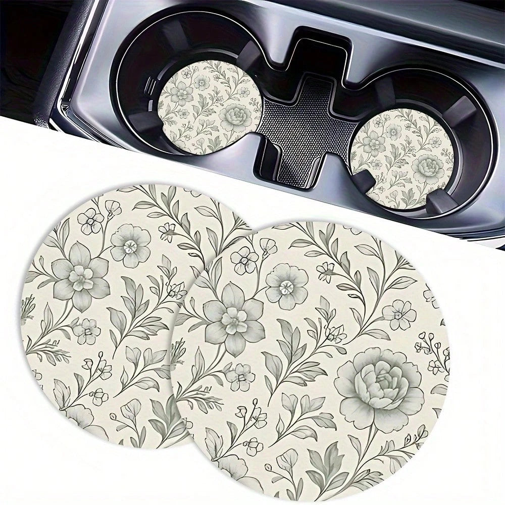 Set Of 2 Vintage Floral Design Coasters For Car Cup Holders, Universal Rubber Absorbent Mats For Vehicle Interiors, Non-Slip Drink Pads