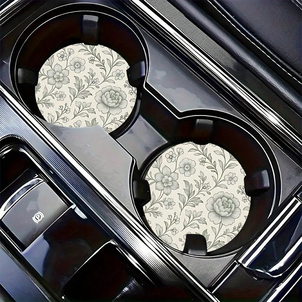 Set Of 2 Vintage Floral Design Coasters For Car Cup Holders, Universal Rubber Absorbent Mats For Vehicle Interiors, Non-Slip Drink Pads