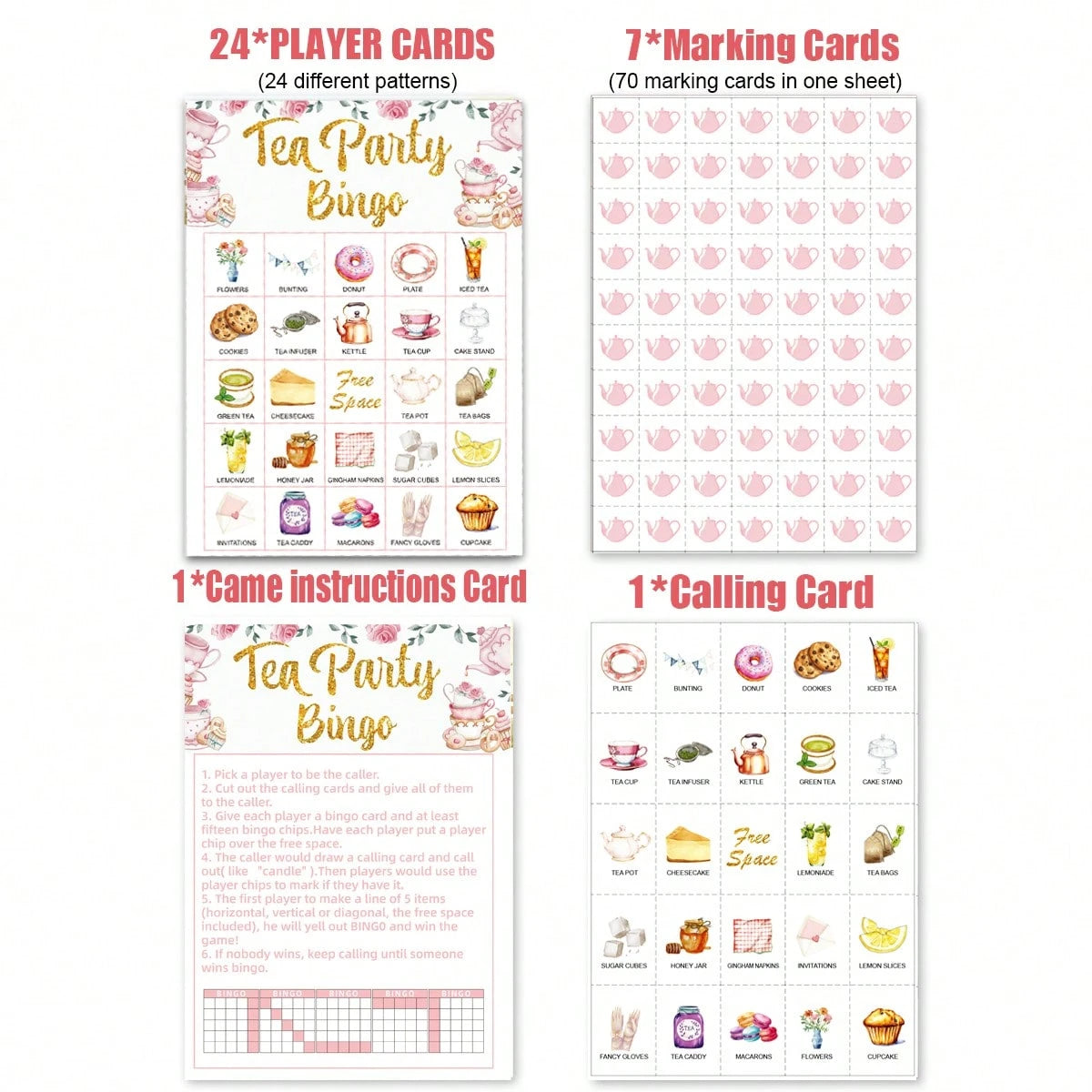 Set,Tea Party Bingo Game Set, 24 Player Cards For Birthday, Bridal Shower, Gender Reveal Shower, Wedding Favors,Ladies Game Night Party