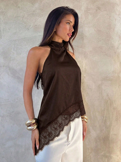 Sexy Fashionable Versatile Halter Lace Patchwork Asymmetric Backless Camisole, New Spring/Summer Design, Satin Material Casual Brown