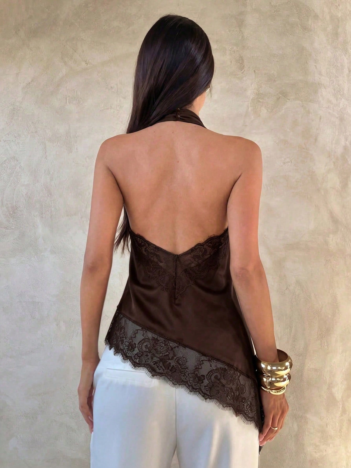 Sexy Fashionable Versatile Halter Lace Patchwork Asymmetric Backless Camisole, New Spring/Summer Design, Satin Material Casual Brown