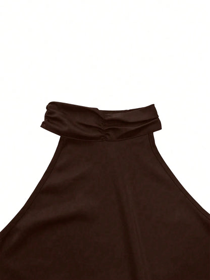 Sexy Fashionable Versatile Halter Lace Patchwork Asymmetric Backless Camisole, New Spring/Summer Design, Satin Material Casual Brown