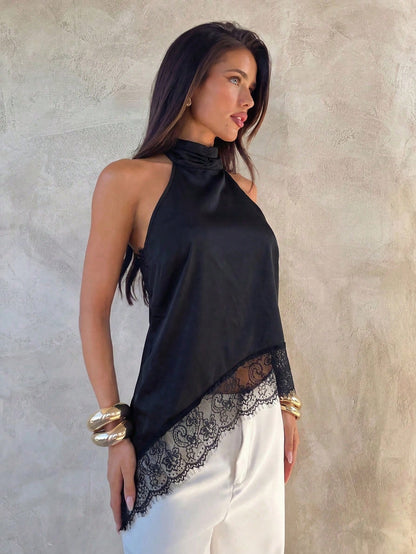 Sexy Fashionable Versatile Halter Lace Patchwork Asymmetric Backless Camisole, New Spring/Summer Design, Satin Material Casual Brown