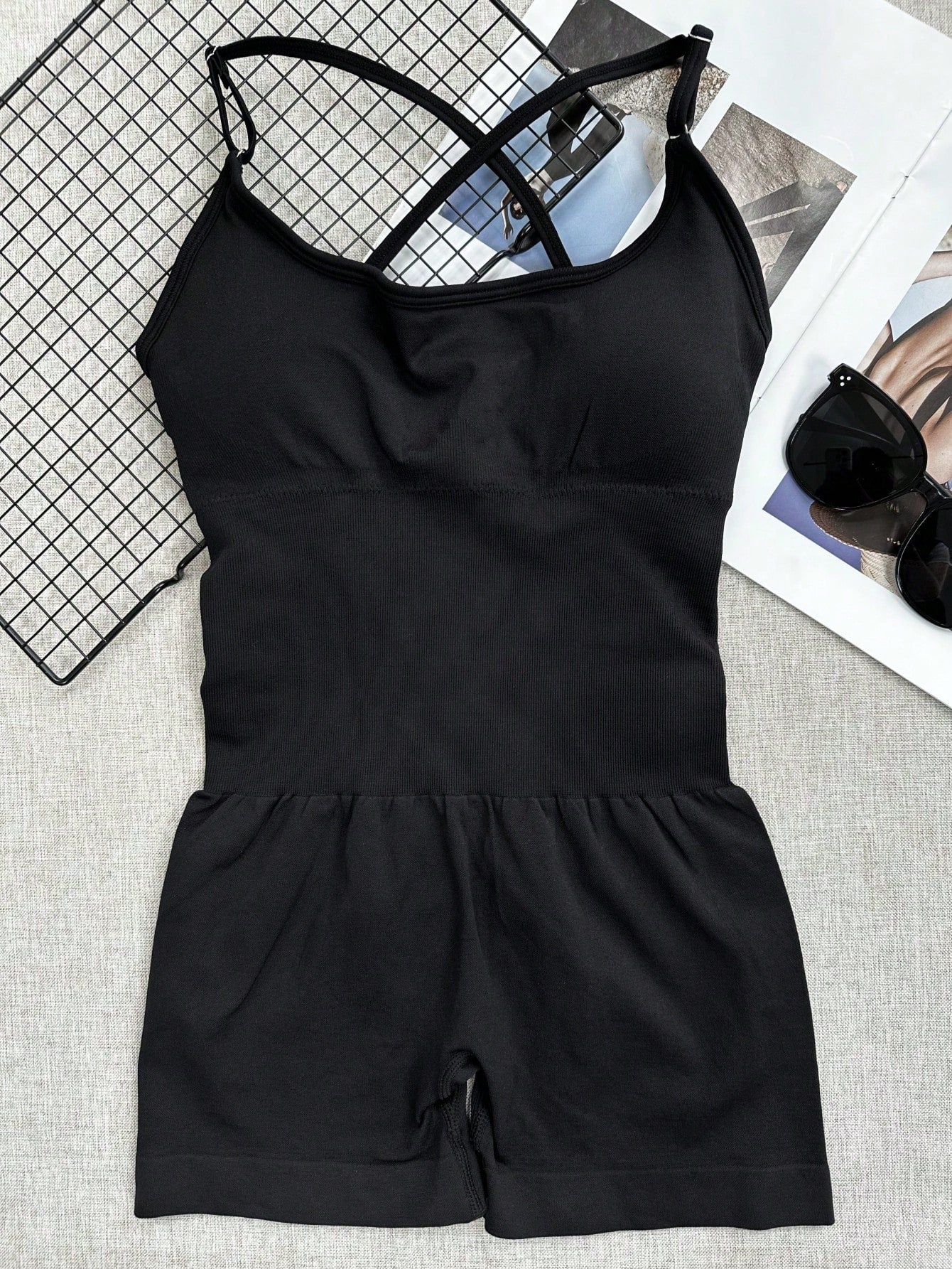 Sexy Fitness Jumpsuit, Women's Adjustable Criss-Cross Sports Jumpsuit, Running Yoga Jumpsuit, Ruched Shorts, Backless Set, Jumpsuit, Aesthetic Black