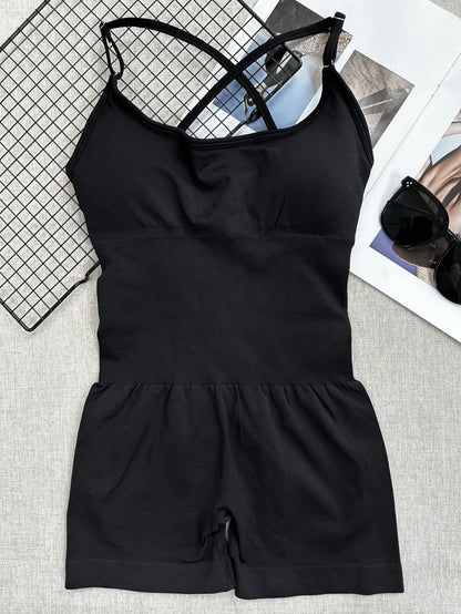 Sexy Fitness Jumpsuit, Women's Adjustable Criss-Cross Sports Jumpsuit, Running Yoga Jumpsuit, Ruched Shorts, Backless Set, Jumpsuit, Aesthetic Black