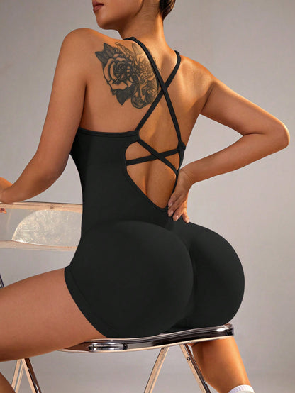 Sexy Fitness Jumpsuit, Women's Adjustable Criss-Cross Sports Jumpsuit, Running Yoga Jumpsuit, Ruched Shorts, Backless Set, Jumpsuit, Aesthetic Black
