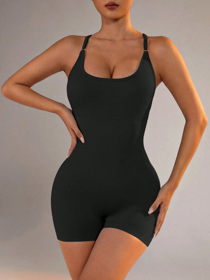 Sexy Fitness Jumpsuit, Women's Adjustable Criss-Cross Sports Jumpsuit, Running Yoga Jumpsuit, Ruched Shorts, Backless Set, Jumpsuit, Aesthetic Black