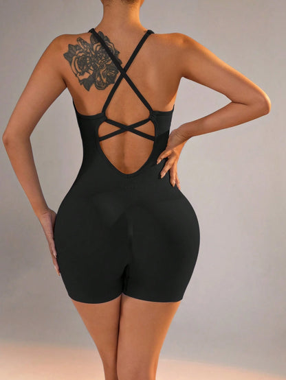 Sexy Fitness Jumpsuit, Women's Adjustable Criss-Cross Sports Jumpsuit, Running Yoga Jumpsuit, Ruched Shorts, Backless Set, Jumpsuit, Aesthetic Black