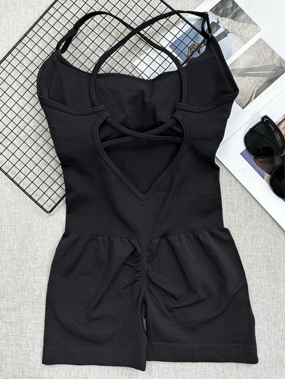 Sexy Fitness Jumpsuit, Women's Adjustable Criss-Cross Sports Jumpsuit, Running Yoga Jumpsuit, Ruched Shorts, Backless Set, Jumpsuit, Aesthetic Black