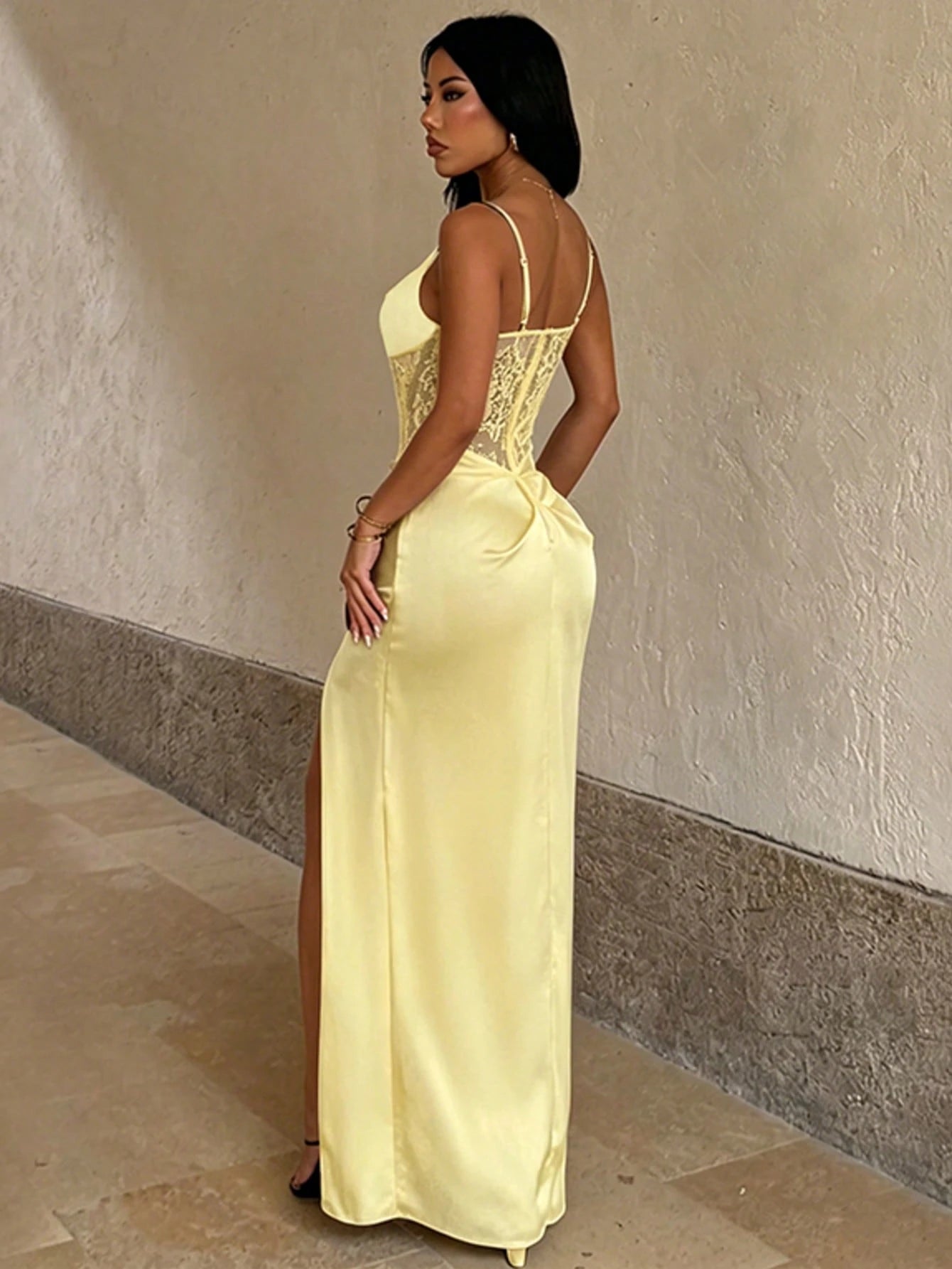 Sexy Spaghetti Strap Knit Fabric Dress, Thigh Slit Detail, Women's Sleeveless Fitted Asymmetrical Design Yellow Elegant Summer