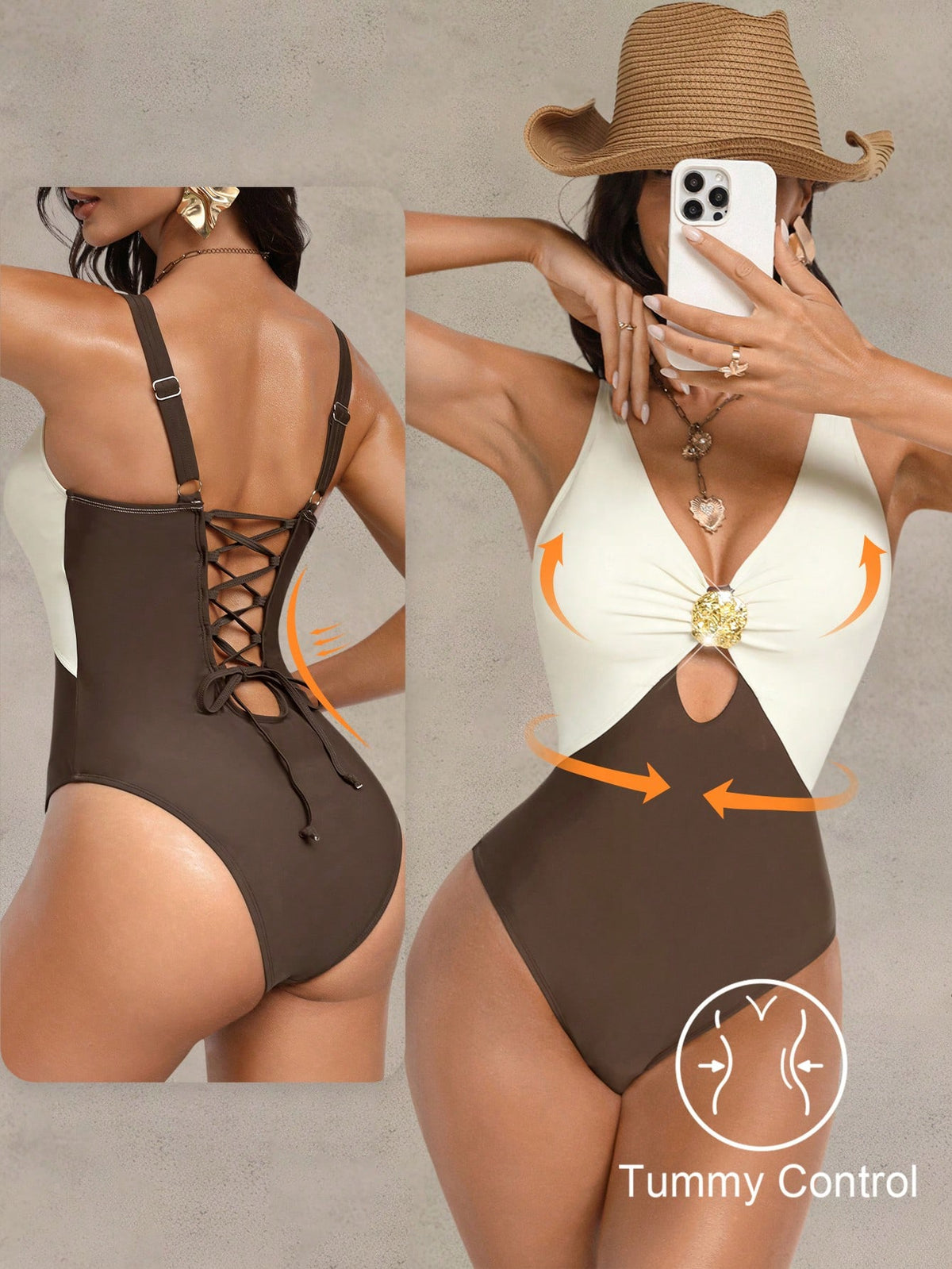 Shapewave 1pc Women's Shades Of Brown Patchwork Tummy Control Backless One-Piece Swimsuit,Teal And Brown,Summer,Tropical,Beach,Holiday,Vacation,Holiday Elegant