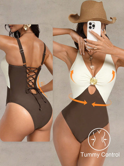 Shapewave 1pc Women's Shades Of Brown Patchwork Tummy Control Backless One-Piece Swimsuit,Teal And Brown,Summer,Tropical,Beach,Holiday,Vacation,Holiday Elegant