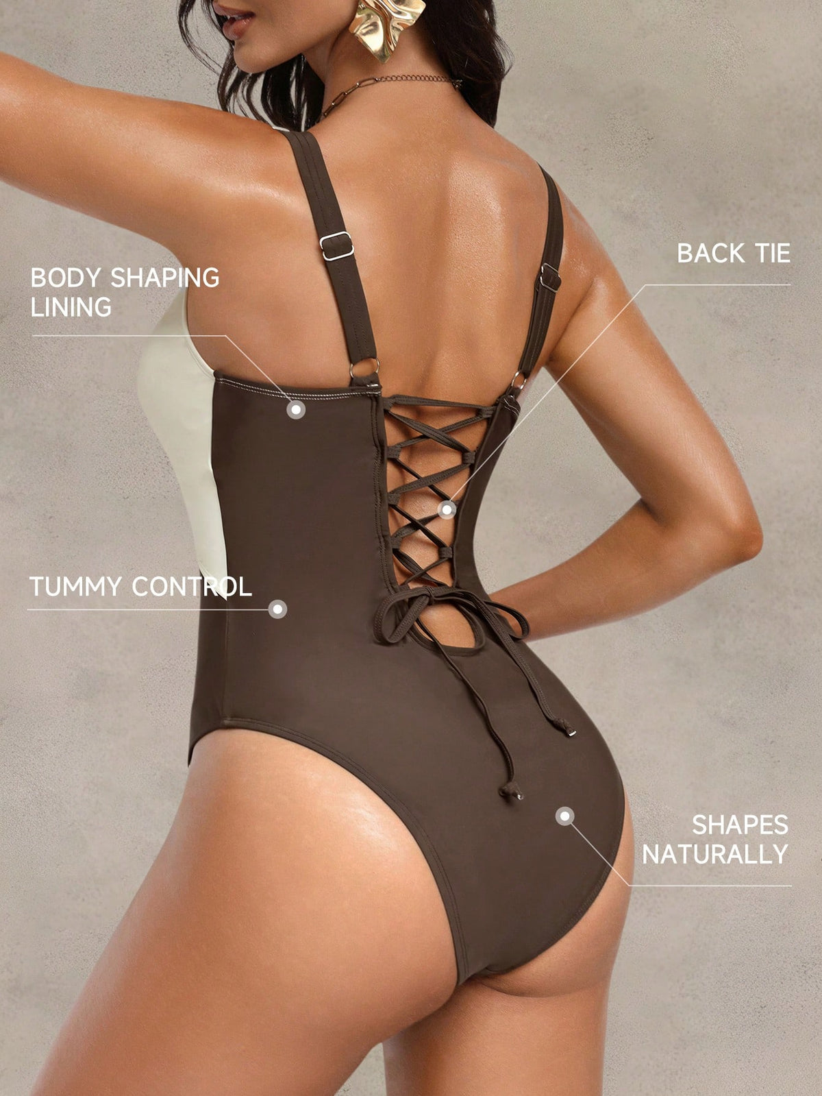 Shapewave 1pc Women's Shades Of Brown Patchwork Tummy Control Backless One-Piece Swimsuit,Teal And Brown,Summer,Tropical,Beach,Holiday,Vacation,Holiday Elegant