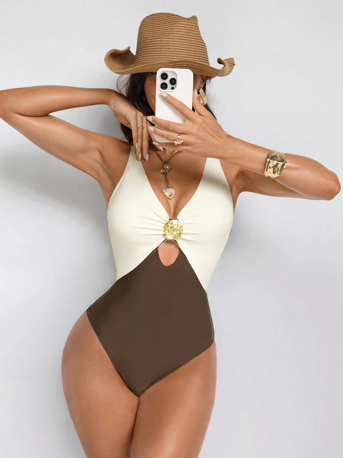 Shapewave 1pc Women's Shades Of Brown Patchwork Tummy Control Backless One-Piece Swimsuit,Teal And Brown,Summer,Tropical,Beach,Holiday,Vacation,Holiday Elegant