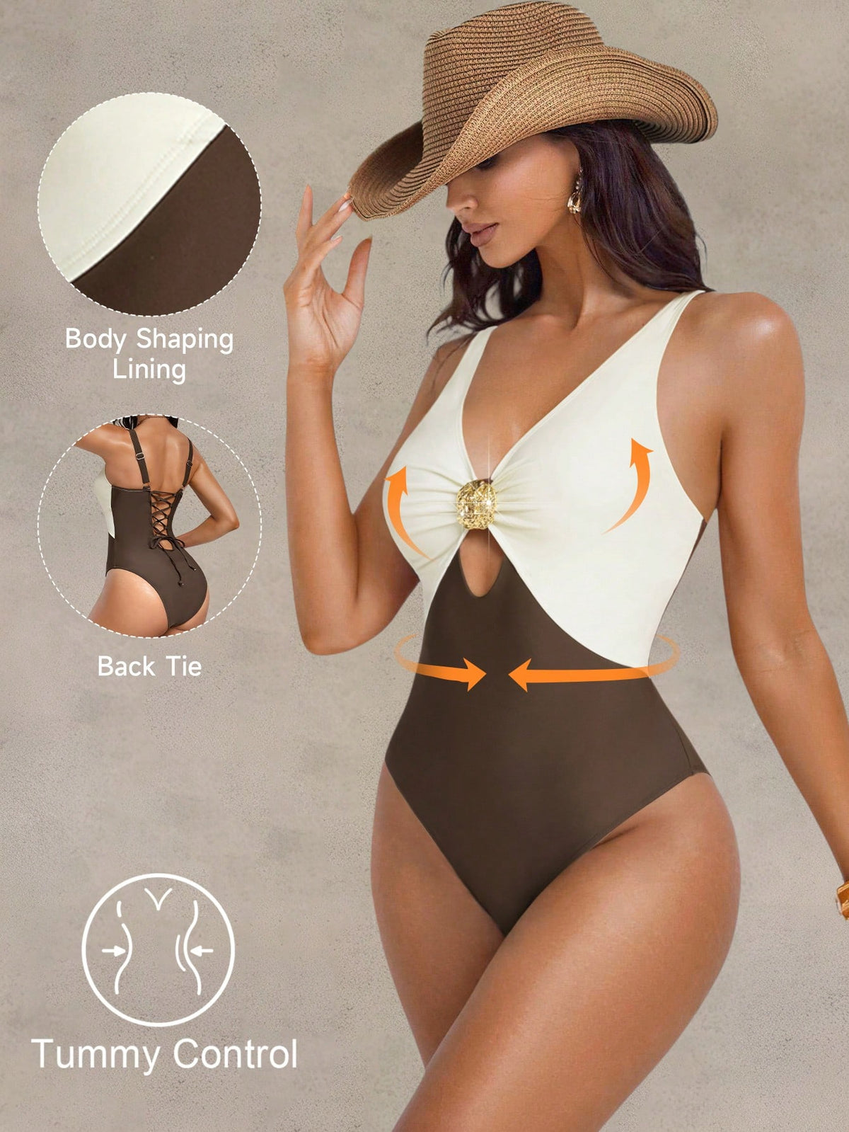 Shapewave 1pc Women's Shades Of Brown Patchwork Tummy Control Backless One-Piece Swimsuit,Teal And Brown,Summer,Tropical,Beach,Holiday,Vacation,Holiday Elegant
